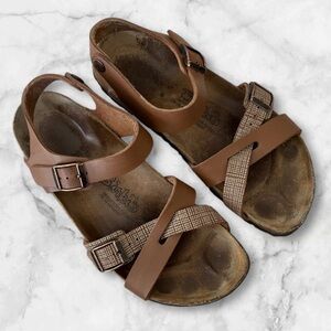 Birkenstock Birkis Lillie Brown Size 8 Plaid Leather Flat Sandals Women’s